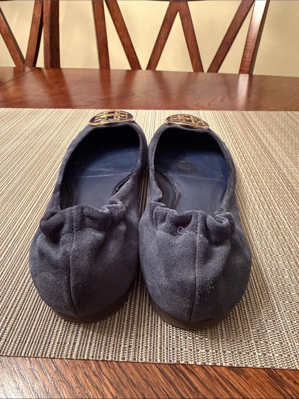 Tory Burch Navy Suede Logo Ballet Flats with Gold Emblem